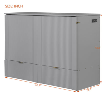 Full Size Murphy Bed With Drawer And A Set Of Sockets & USB Ports, Pulley Structure Design - Gray