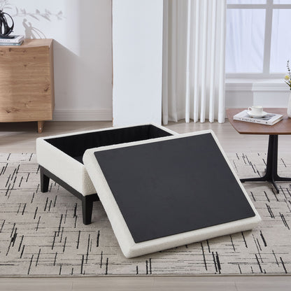 Upholstered Wood Base Storage Ottoman With Reversible Lid Coffee Table, Foot Stool Square Footrest With Rubberwood Legs For Living Room Bedroom Entryway And Office - Ivory