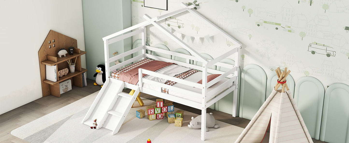 Twin Low Loft House Bed With Slide, Ladder, Safety Guardrails, House Roof Frame - White
