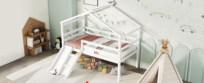 Twin Low Loft House Bed With Slide, Ladder, Safety Guardrails, House Roof Frame - White