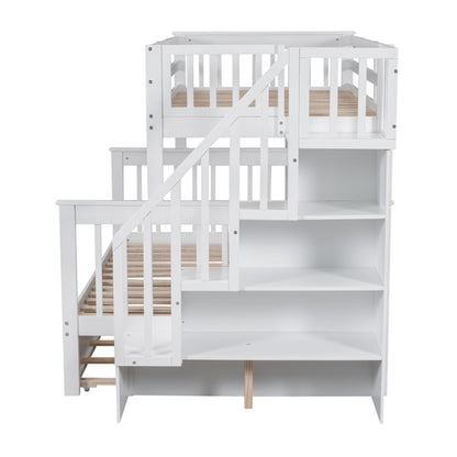 Twin Over Full Bunk Bed With Twin Size Trundle, Storage And Guard Rail For Bedroom - White