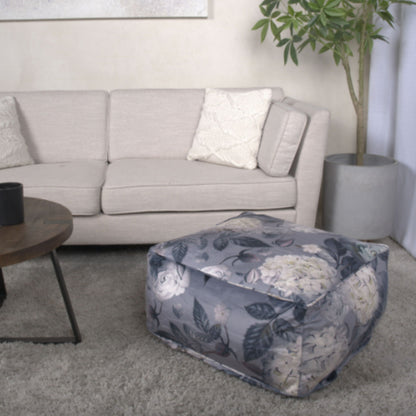 Hazel - Large Square Pouf With Flower Print - Gray