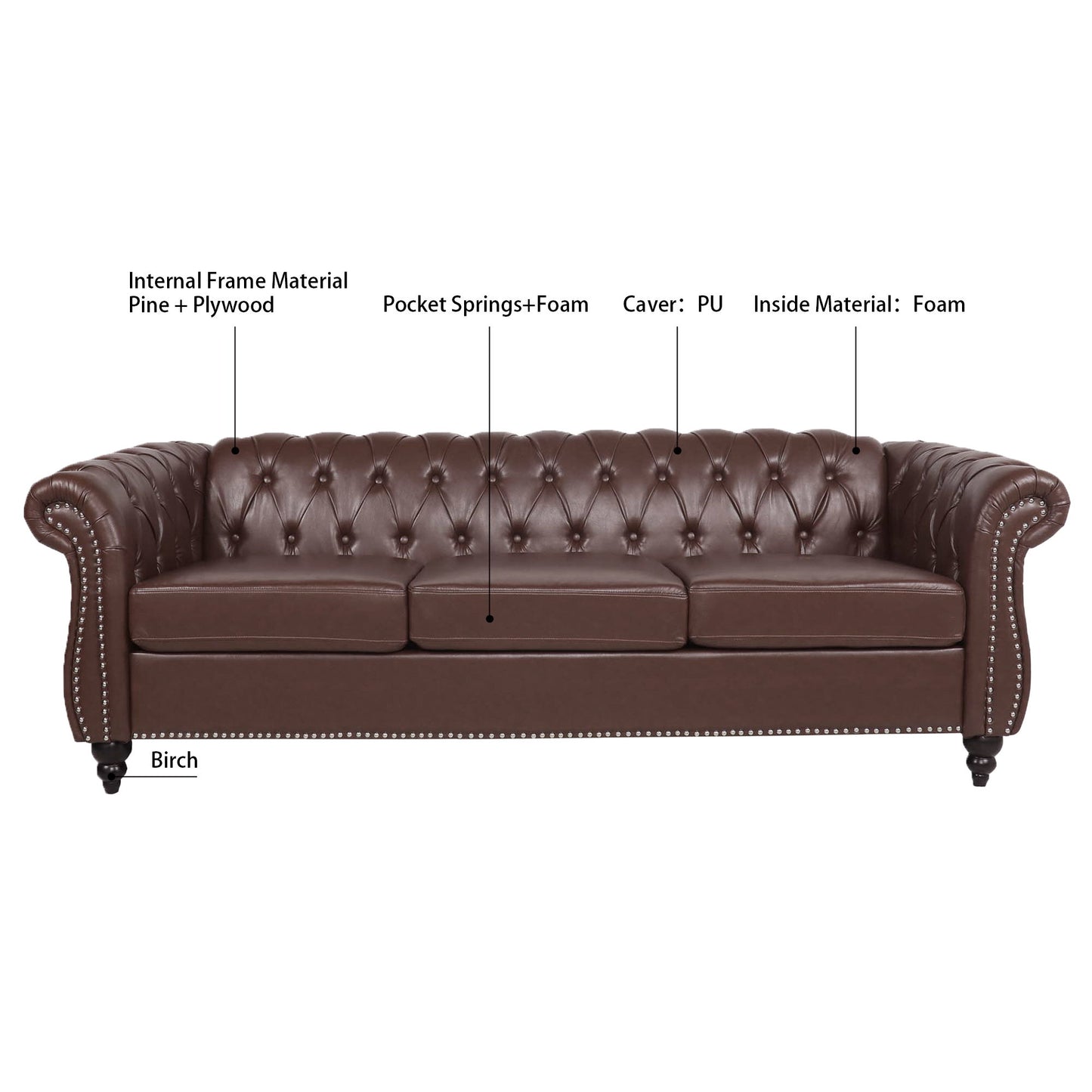 Rolled Arm Chesterfield Three Seater Sofa - Dark Brown
