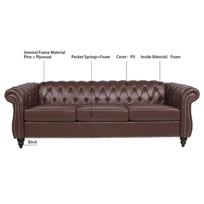 Rolled Arm Chesterfield Three Seater Sofa - Dark Brown