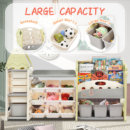 Kids Bookshelf Toy Storage Organizer With 17 Bins And 5 Bookshelves, Multi-Functional Nursery Organizer Kids Furniture Set Toy Storage Cabinet Unit With HDPE SheLF And Bins - Light Green