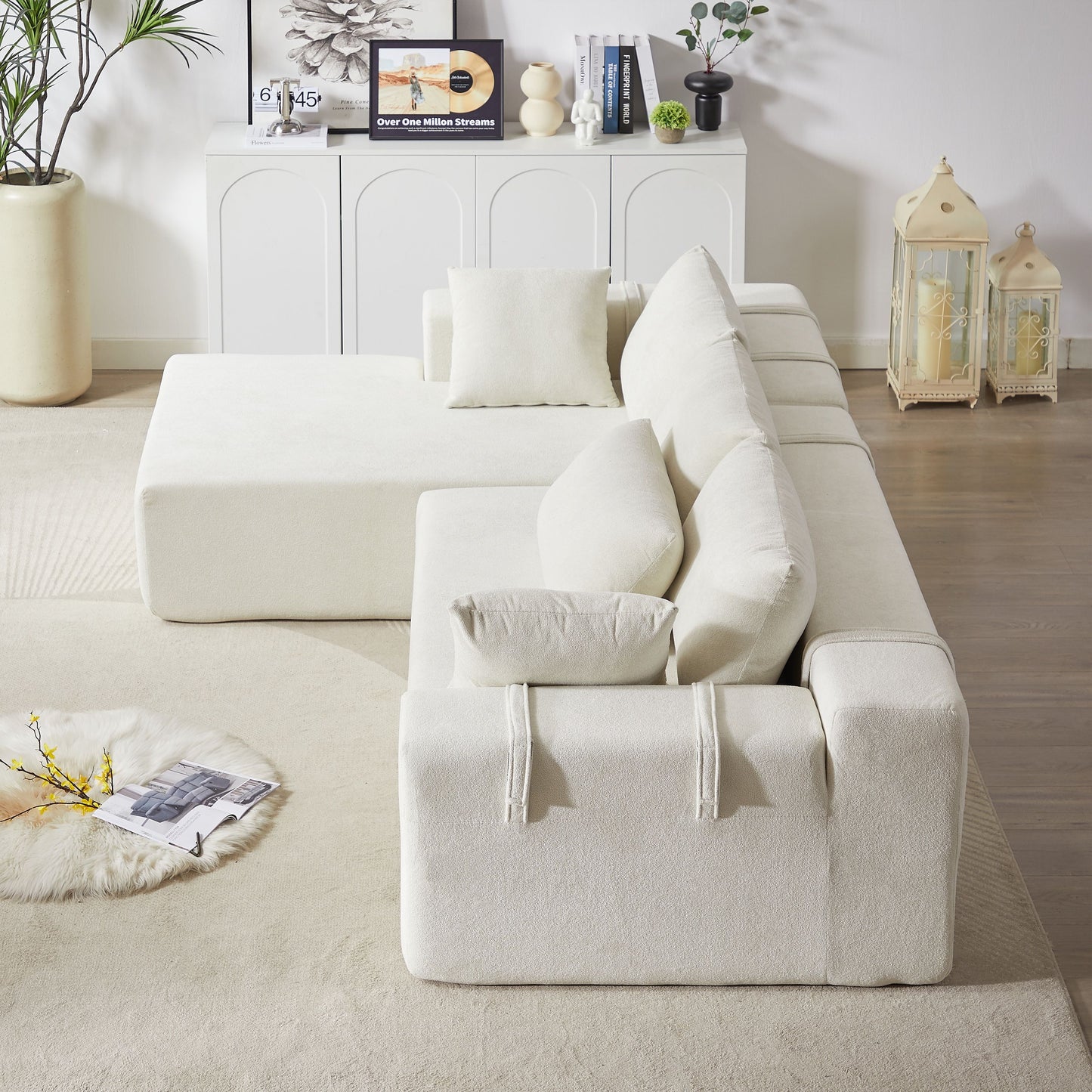 Modern Chenille Upholstered Sectional Sofa Couch Set, Modular L Shaped Sectional Living Room Sofa Set With 6 Pillows, Free Combination - Beige