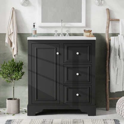 Bathroom Vanity Cabinet With Ceramic Basin, 3 Drawers And Adjustable Shelves - Black