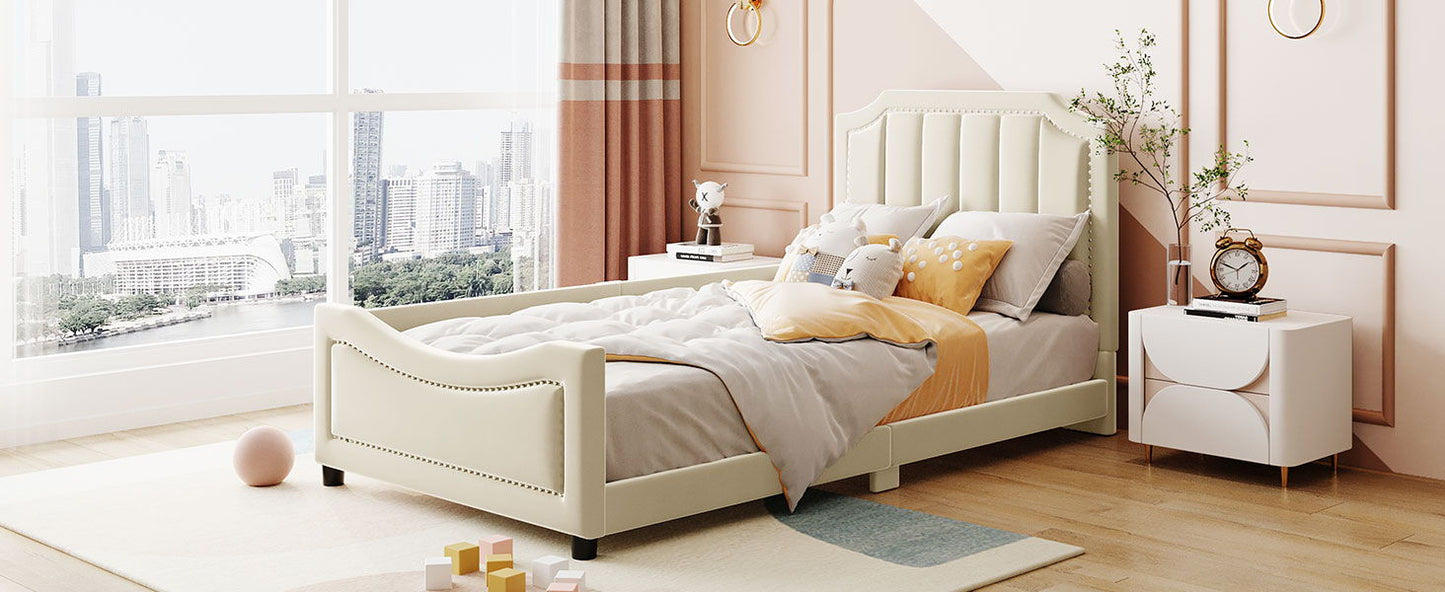 Twin Size Upholstered Daybed With Classic Stripe Shaped Headboard - Beige