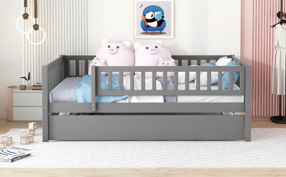 Full Size Daybed With Trundle And Fence Guardrails - Gray