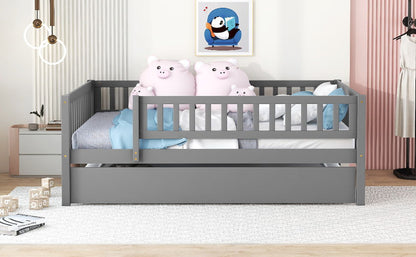 Full Size Daybed With Trundle And Fence Guardrails - Gray