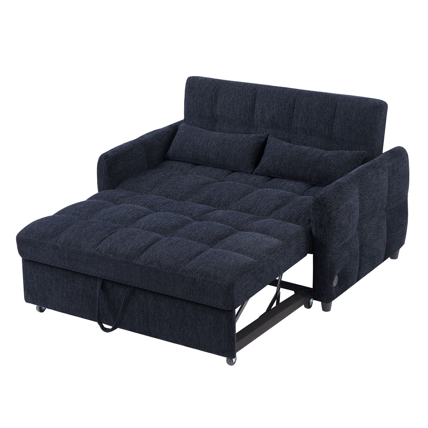 Loveseat Sofa Pull Out Sofa Bed Tufted Sleeper Sofa With An Adjustable Backrest, 3 USB Ports And 2 Lumbar Pillows For Living Room - Blue
