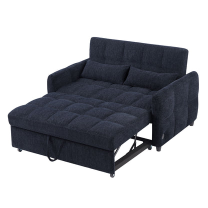 Loveseat Sofa Pull Out Sofa Bed Tufted Sleeper Sofa With An Adjustable Backrest, 3 USB Ports And 2 Lumbar Pillows For Living Room - Blue