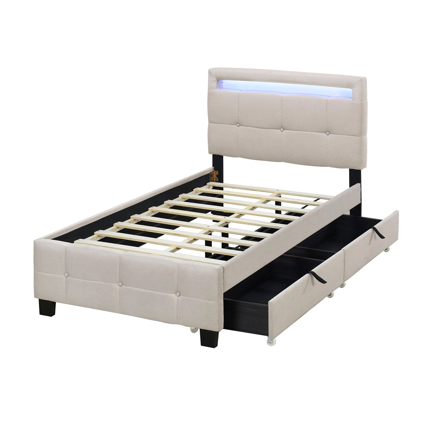 Twin Size Upholstered Platform Bed With LED Frame And 2 Drawers - Beige