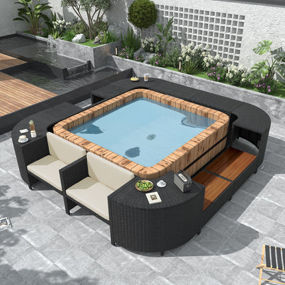 Spa Surround Spa Frame Quadrilateral Outdoor Rattan Sectional Sofa Set With Mini Sofa, Wooden Seats And Storage Spaces - Beige