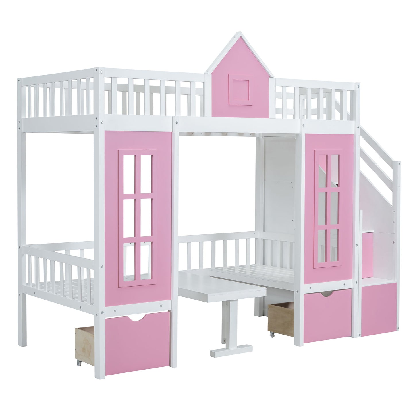 Twin Over Twin Bunk Bed With Changeable Table, Bunk Bed Turn Into Upper Bed And Down Desk - Pink