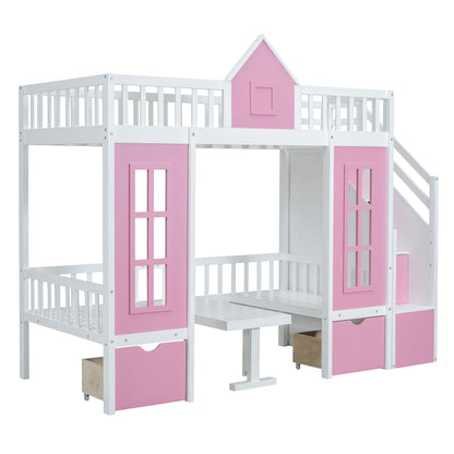 Twin Over Twin Bunk Bed With Changeable Table, Bunk Bed Turn Into Upper Bed And Down Desk - Pink