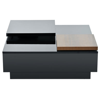 Movable Top Coffee Table, Modern Square Wood Coffee Table With High Gloss Finish, 4 Hidden Storage Drawers For Living Room - Black