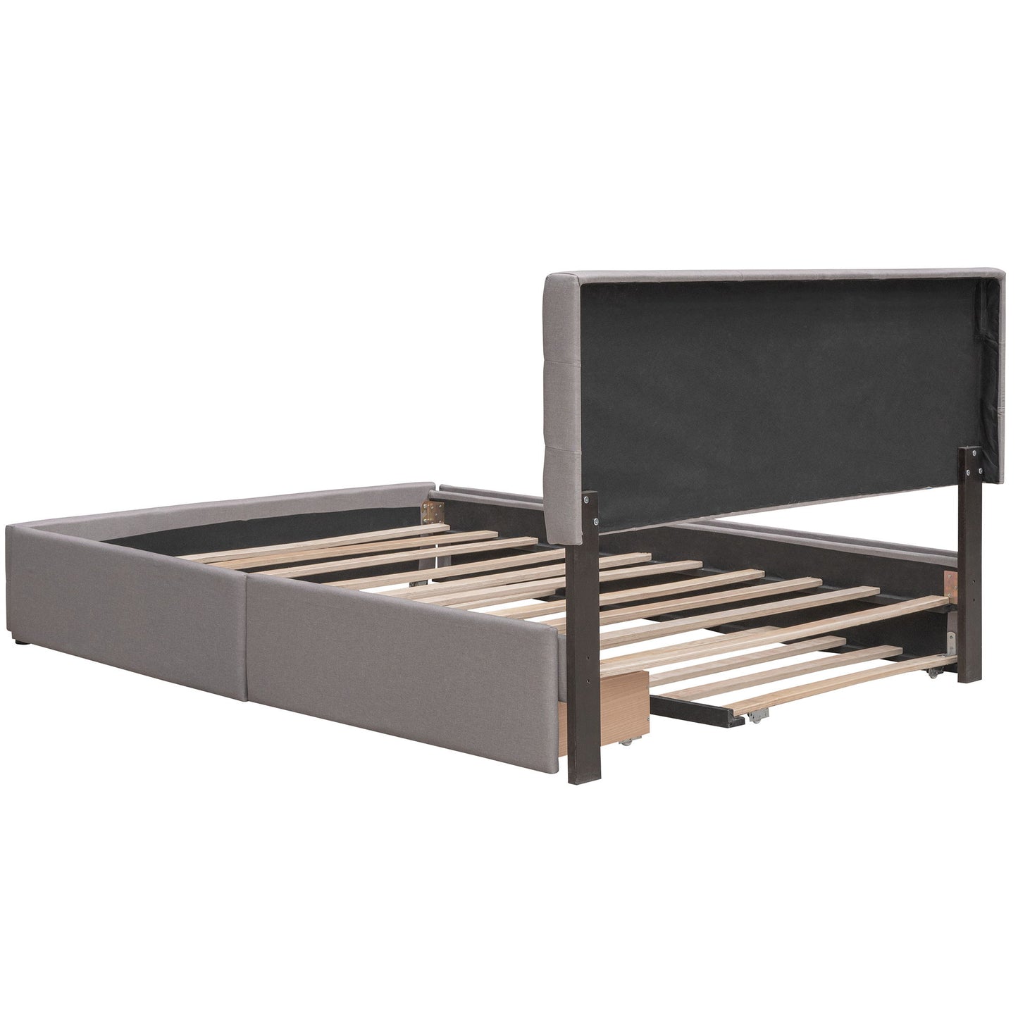 Queen Size Upholstered Platform Bed With 2 Drawers And 1 Twin Long Trundle - Light Gray
