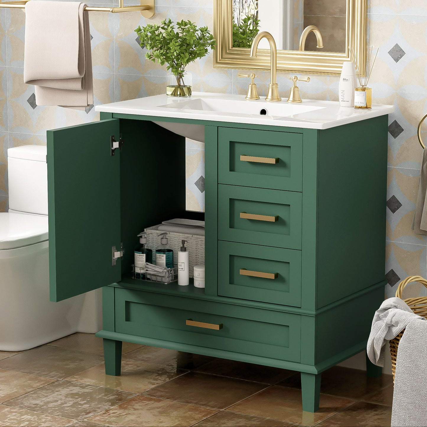 Bathroom Vanity, Modern Bathroom Cabinet With Sink Combo Set, Bathroom Storage Cabinet With A Soft Closing Door And 3 Drawers, Solid Wood Frame - Green