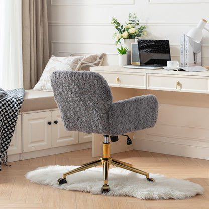 Office Chair, Artificial Rabbit Hair Home Office Chair With Golden Metal Base, Adjustable Desk Chair Swivel Office Chair, Vanity Chair - Gray