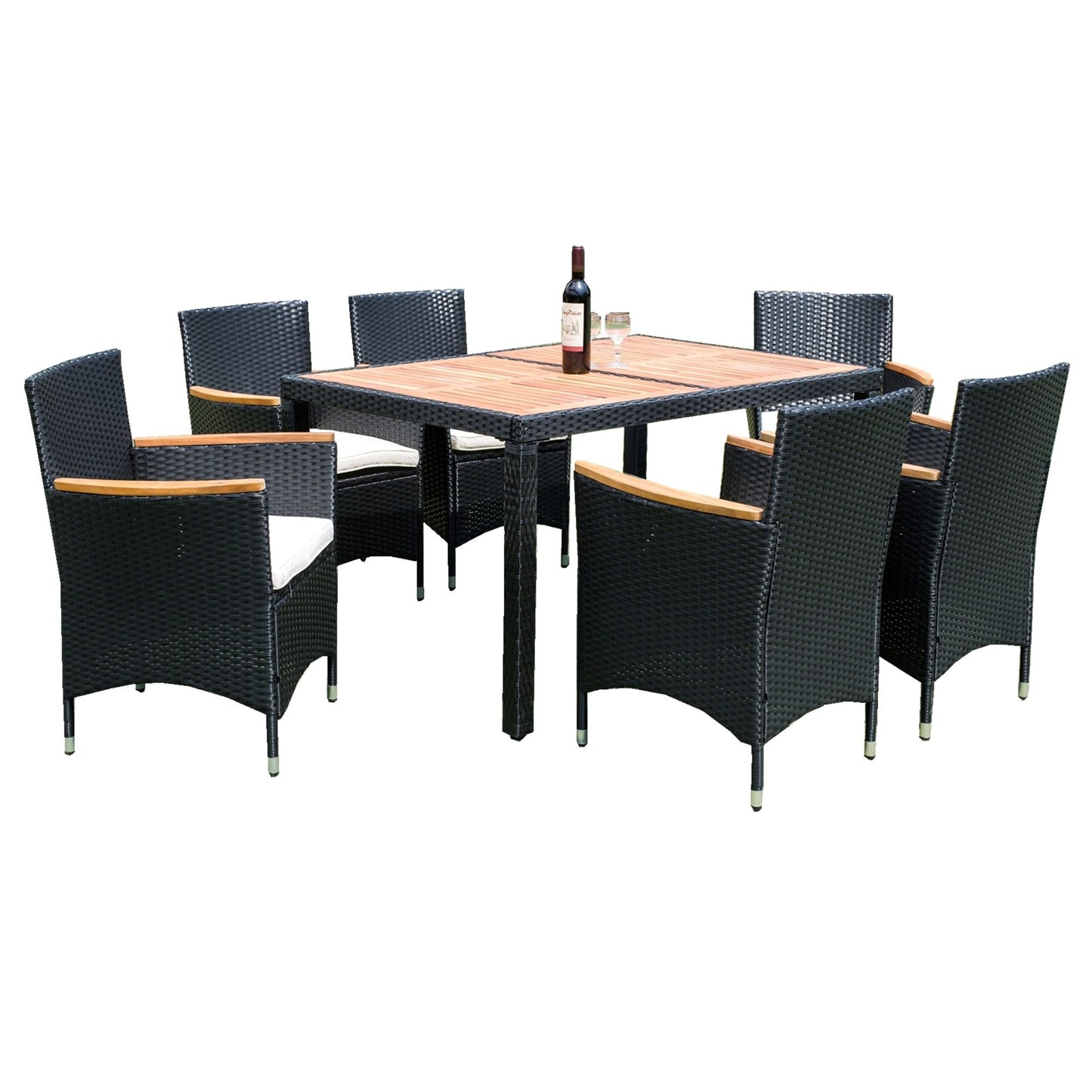 7 Piece Outdoor Patio Wicker Dining Set Patio Wicker Furniture Dining Set - Black / Cream