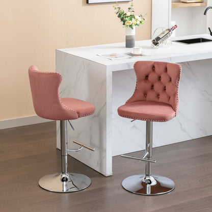 Swivel Velvet Barstools Adjusatble Seat Height From 25-33", Modern Upholstered Chrome Base Bar Stools With Backs Comfortable Tufted For Home Pub And Kitchen Island 1712Pk (Set of 2) - Pink