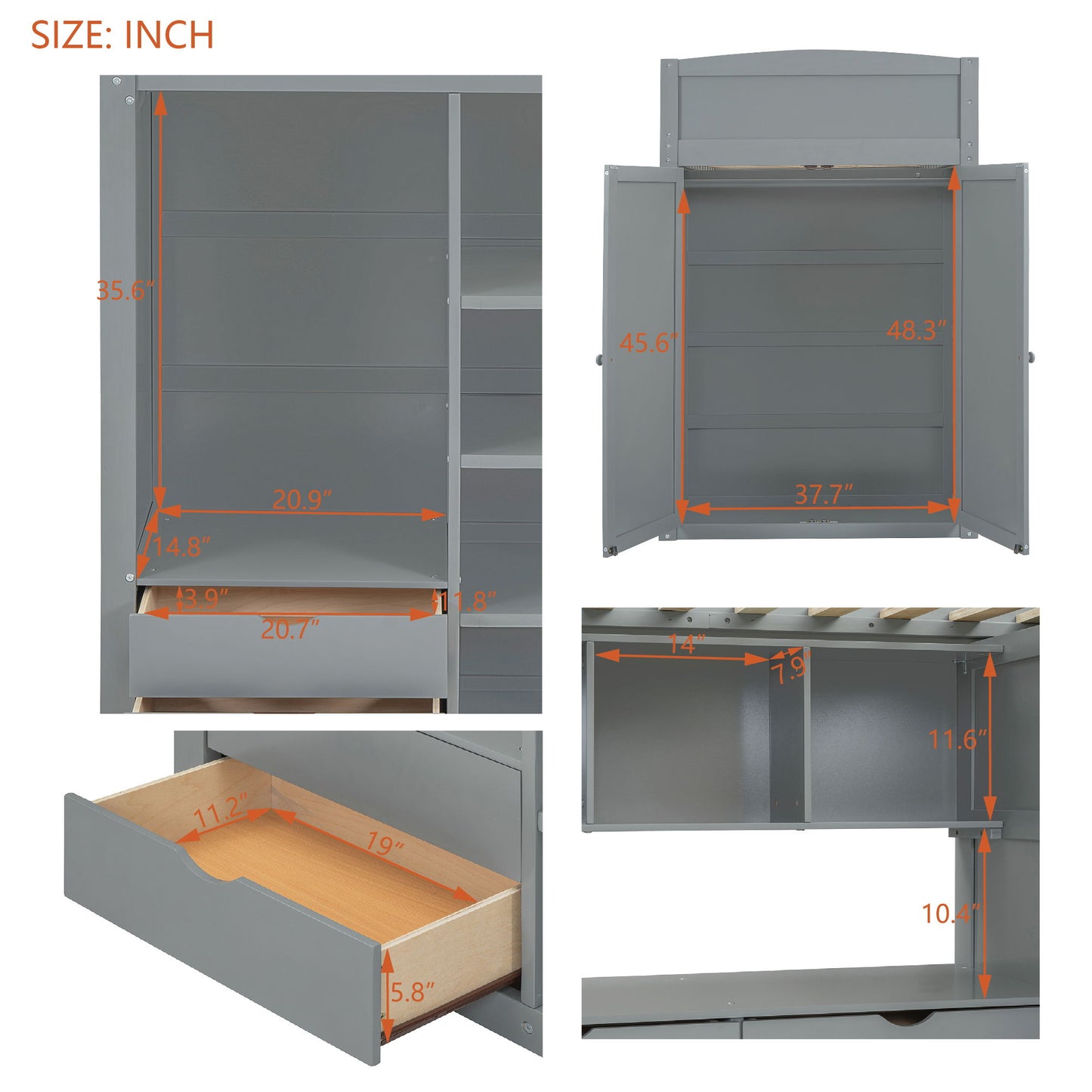 Twin Size Loft Bed With Desk, Wardrobes, 4 Drawers And 4 Shelves Construction - Gray