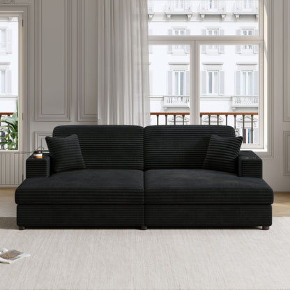 Oversized Loveseat Chaise Lounge Sectional Sofa Bed Corduroy Sleeper Sofa With 2 USB Ports, 2 Cup Holders And 2 Throw Pillows For Living Room And Bedroom - Black