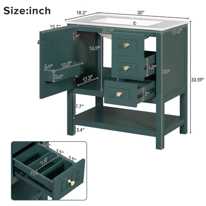 Transitional Style Bathroom Vanity Cabinet Combo With Ceramic Sink - Green