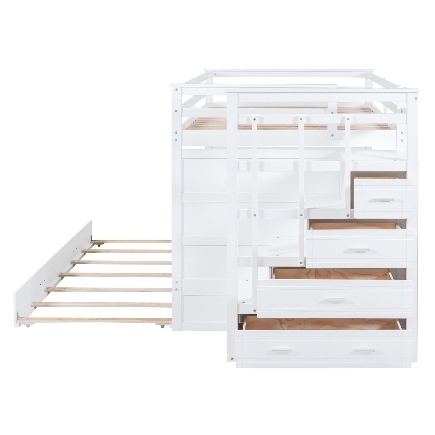 Full Over Full Bunk Bed With Twin Size Trundle And Staircase - White