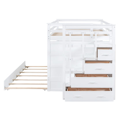 Full Over Full Bunk Bed With Twin Size Trundle And Staircase - White