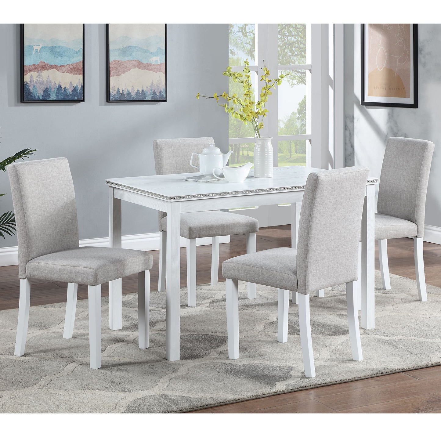 5 Piece Wooden Dining Table Set With Rectangular Table And 4 Upholstered Chairs Dining Room Set With Crystal Decoration For Kitchen Or Dining Room - Light Gray / White