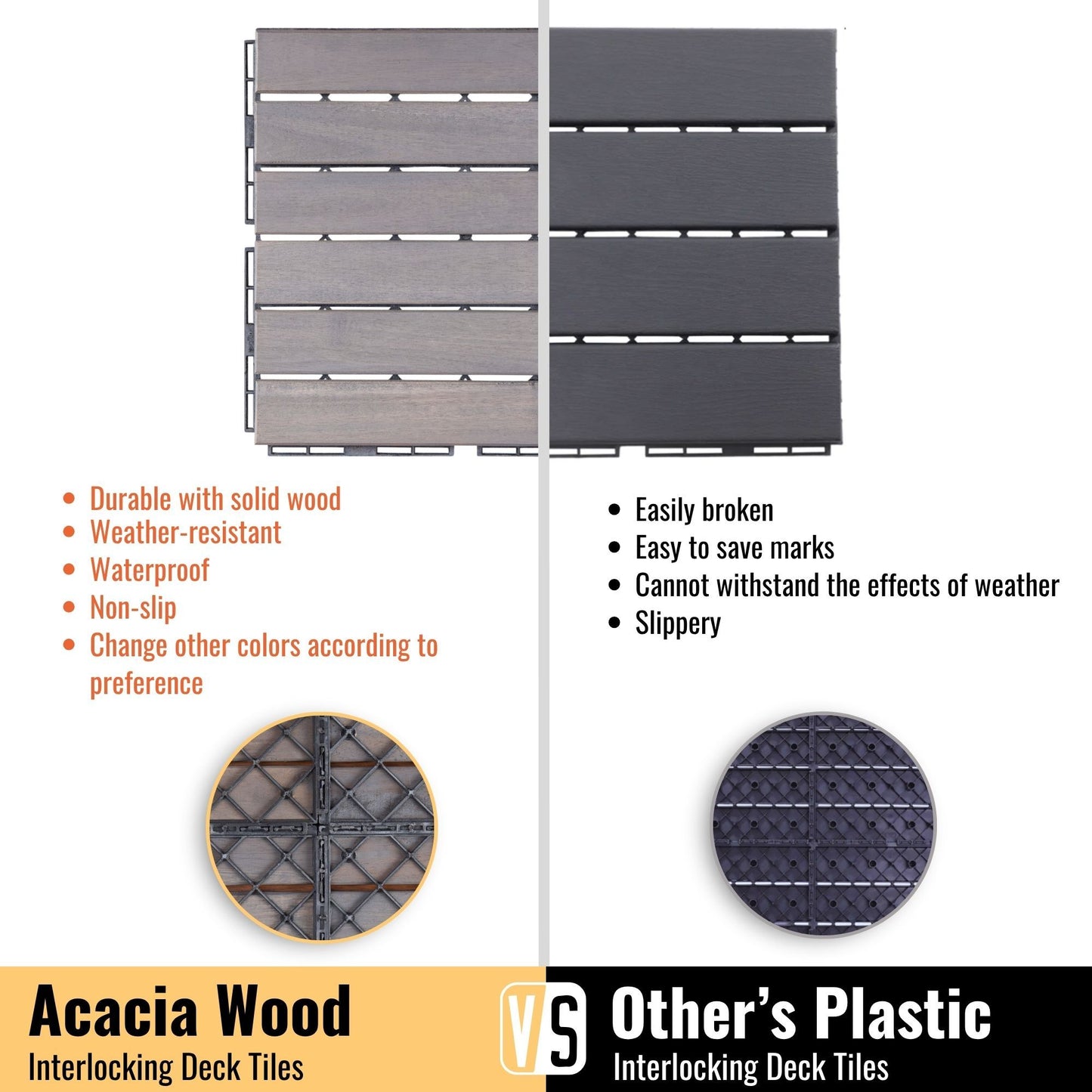 10 Piece Interlocking Deck Tiles Striped Pattern, Square Acacia Hardwood Outdoor Flooring For Patio, Bancony, Pool Side - Light Gray