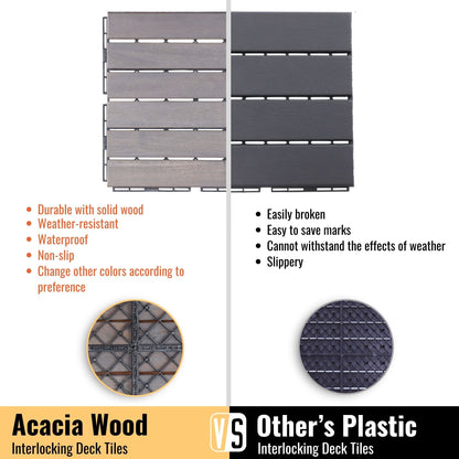 10 Piece Interlocking Deck Tiles Striped Pattern, Square Acacia Hardwood Outdoor Flooring For Patio, Bancony, Pool Side - Light Gray