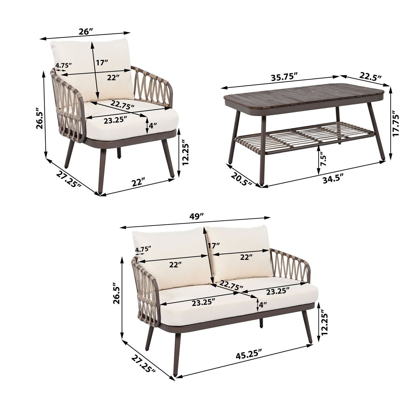 4 Piece Outdoor Patio Furniture Set, Metal Chairs With Woven Rope U Shaped Backrest, Outdoor Conversation Set With Thick Cushions And Coffee Table For Garden, Poolside, Balcony - Brown / Beige