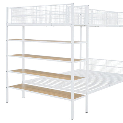 Twin Over Full Bunk Bed With 5 Tier Shelves - White
