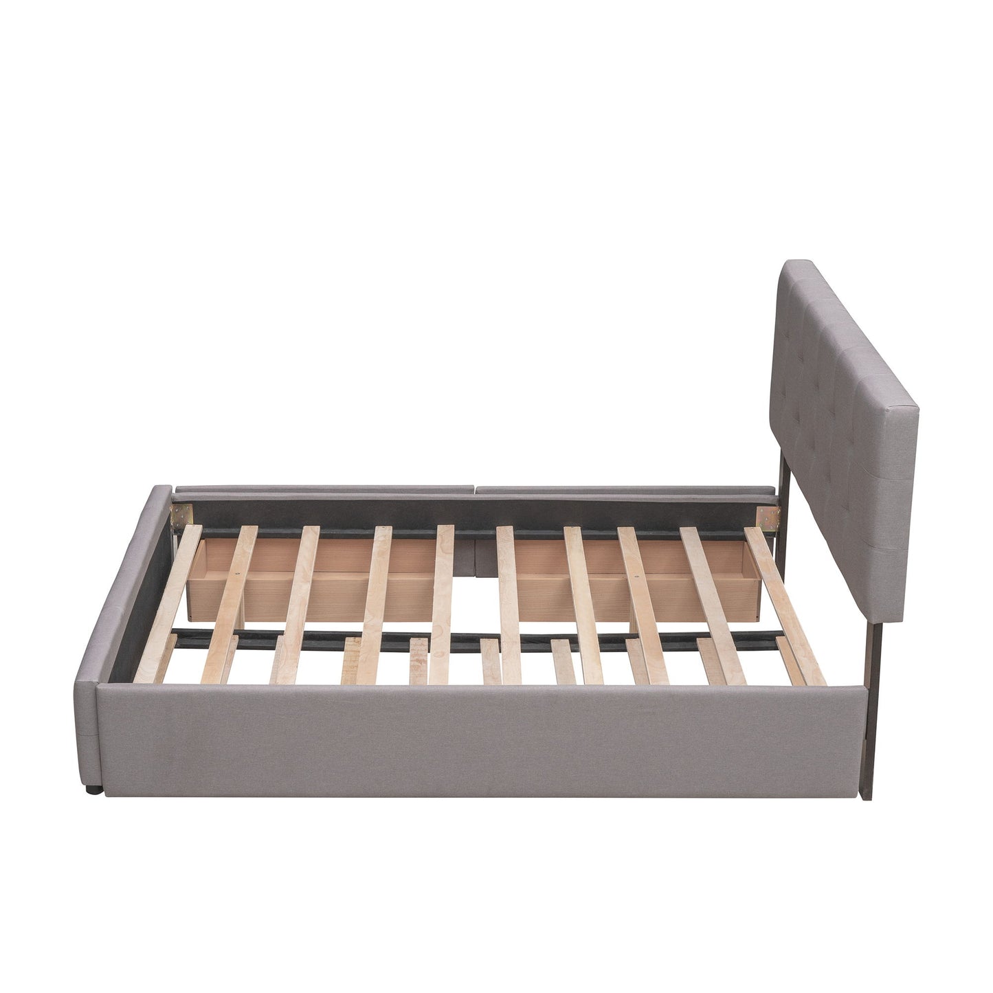 Queen Size Upholstered Platform Bed With 2 Drawers And 1 Twin Long Trundle - Light Gray