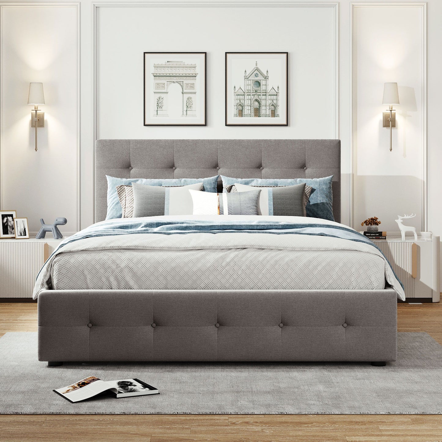 Queen Size Upholstered Platform Bed With 2 Drawers And 1 Twin Long Trundle - Light Gray