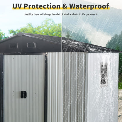 8Ft X 4Ft Outdoor Metal Storage Shed With Window And Metal Foundation For Backyard, Patio, Lawn - White / Black