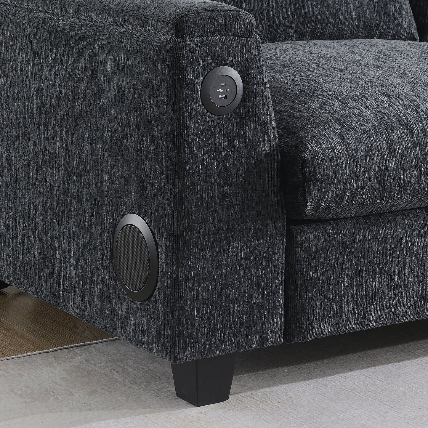Sectional With Bluetooth Speaker Comfy Cloud Couch Set With Drop Down Table Cup Holders, USB Charger Storage Armrest Wide Seat Sofa - Dark Gray