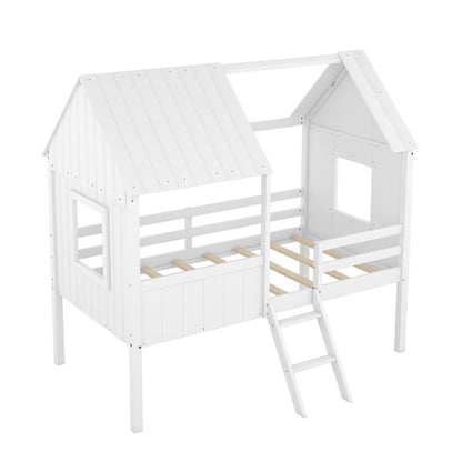 Twin Size Low Loft House Bed With Two Side Windows - White