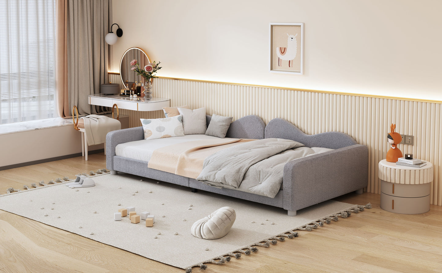 Twin Size Upholstered Daybed, Sherpa Fabric Sofabed With Cloud-Shaped Backrest, No Box - Spring Needed - Gray