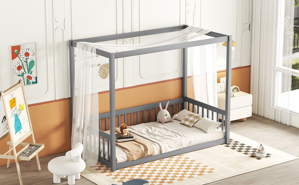 Twin Size Canopy Frame Floor Bed With Fence, Guardrails - Gray