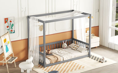 Twin Size Canopy Frame Floor Bed With Fence, Guardrails - Gray