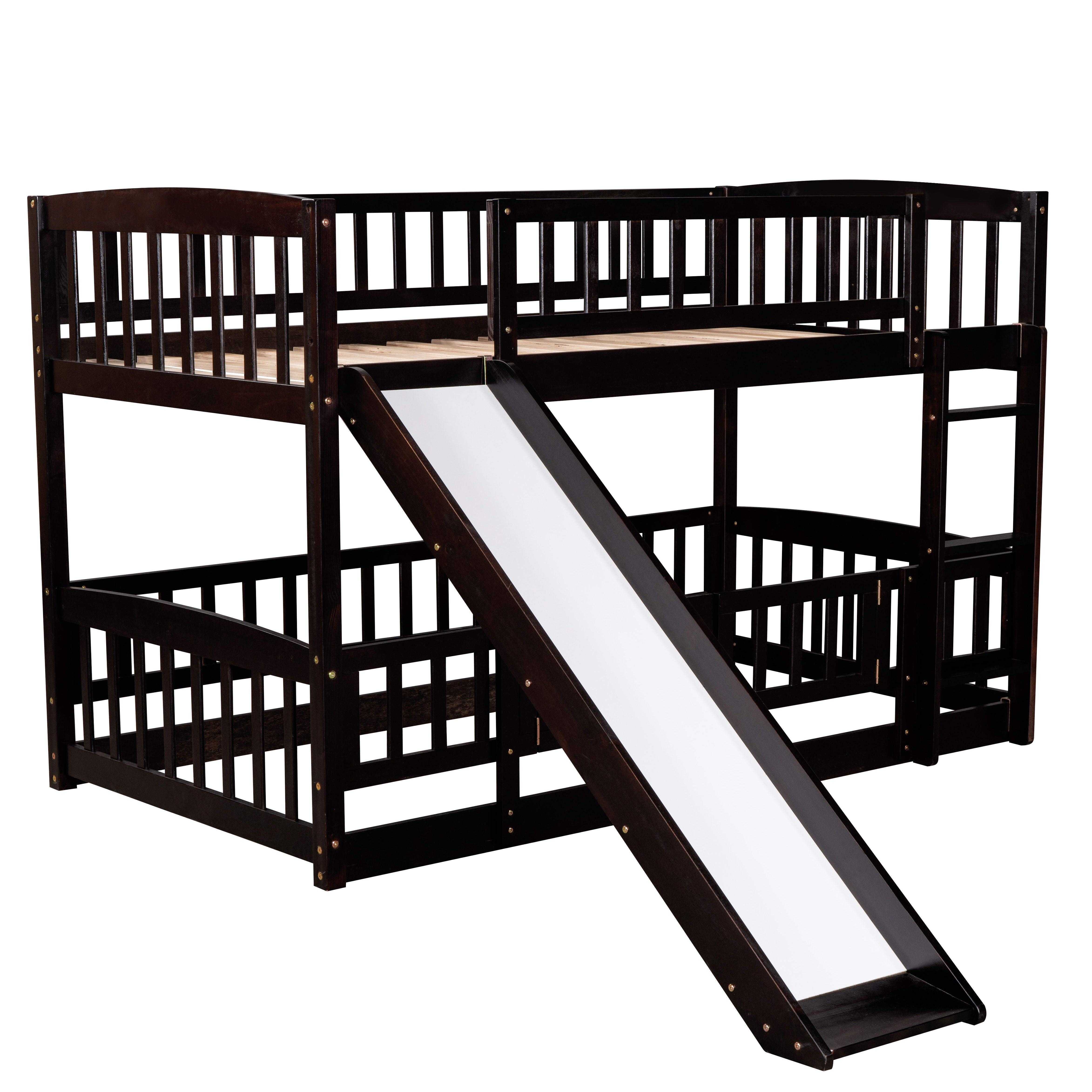 Twin Over Twin Low Bunk Bed With Slide, Fence And Ladder - Espresso
