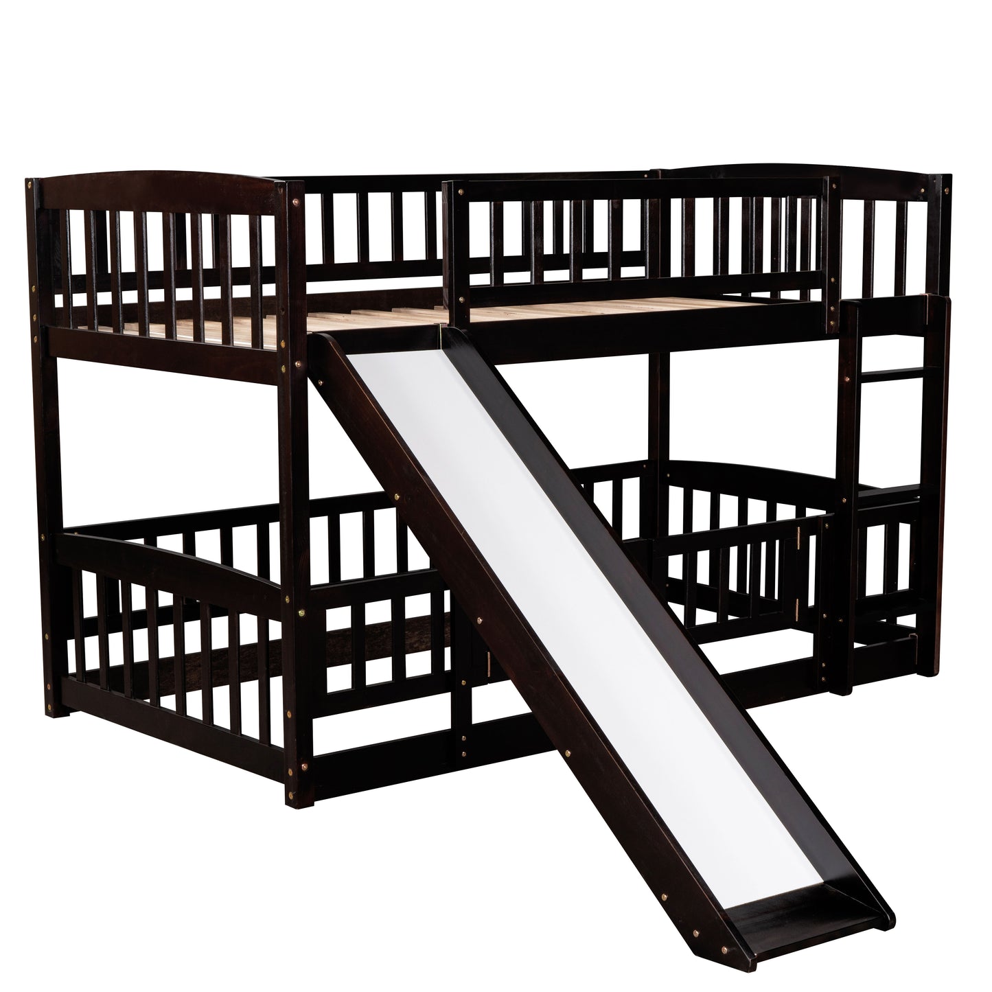 Twin Over Twin Low Bunk Bed With Slide, Fence And Ladder - Espresso