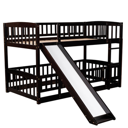Twin Over Twin Low Bunk Bed With Slide, Fence And Ladder - Espresso