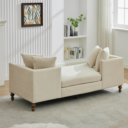 Chenille Upholstered Chaise Lounge With Nailheads, Sleeper Sofa Couch With 4 Throw Pillows & 2 Bolsters, Daybed With Rubberwood Legs - Beige