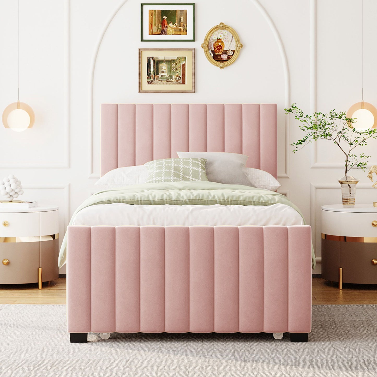 Twin Size Upholstered Platform Bed With Twin Size Trundle - Pink