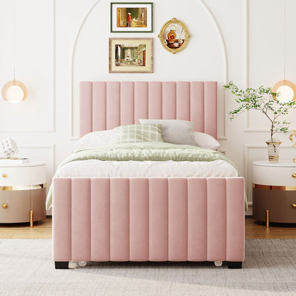 Twin Size Upholstered Platform Bed With Twin Size Trundle - Pink